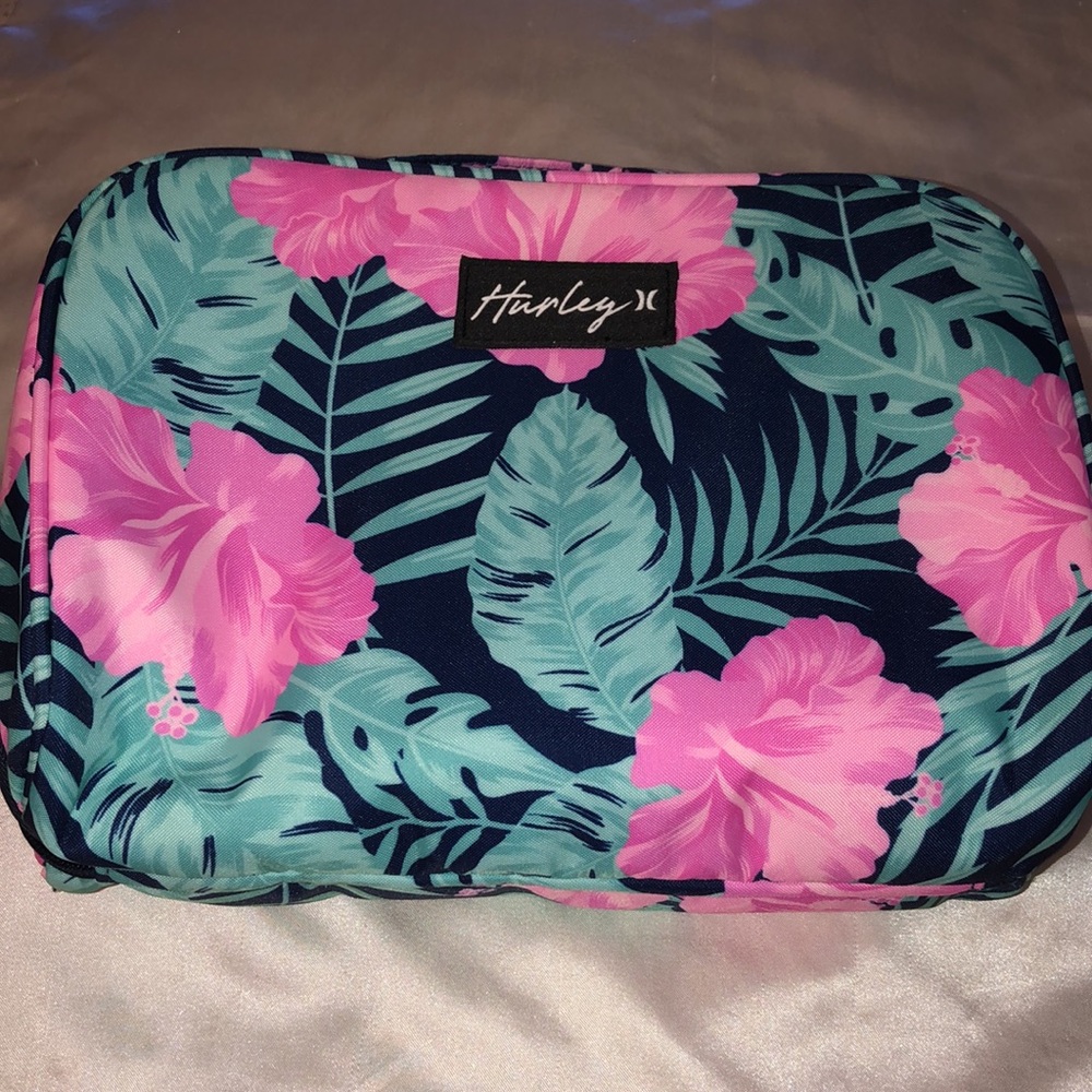 Hurley 100% Polyester Obsidian & Tropical Flower Zip Around Cosmetic Bag OS NWT - Picture 2 of 16